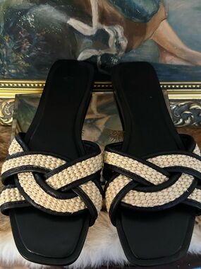 H&M Black and Natural Braided Slide Mules